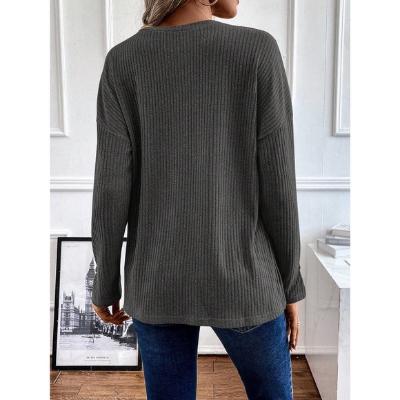 preppy Half Button Drop Shoulder ribbed Knit long sleeve Tee - Picture 6 of 11